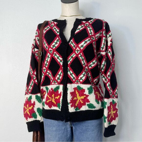Vintage 90s Hand Knit Cardigan Sweater Christmas Holiday Oversized Small - Picture 1 of 9